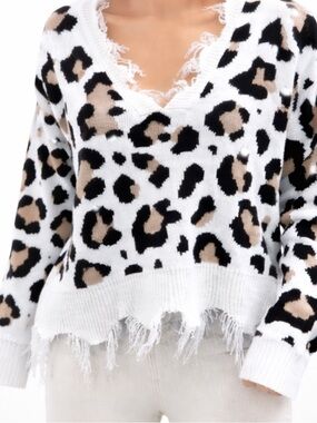 Leopard Print Distressed V-Neck Sweater - White/Tan - Unbranded